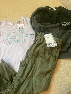 H&M Graphic Tee + Olive Cargo Pants + Green Sweatshirt Bundle